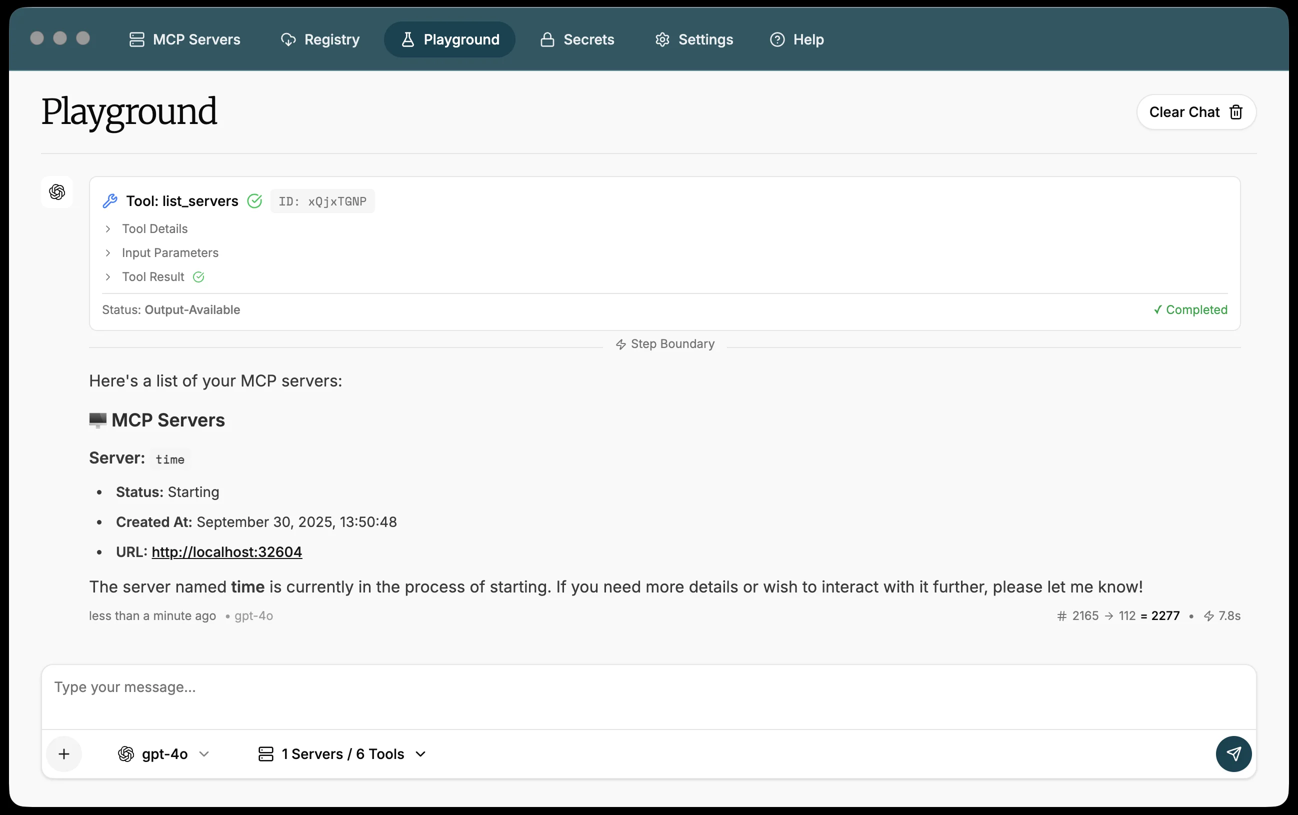 Chat response showing tool execution and results ToolHive playground showing AI response with MCP tool execution results